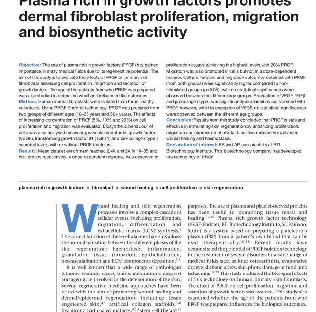 Plasma rich in growth factors promotes dermal fibroblast proliferation, migration and biosynthetic activity